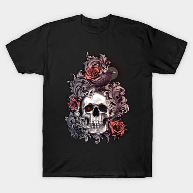 Skull Crow with Roses and Filigree T-Shirt by bomazu